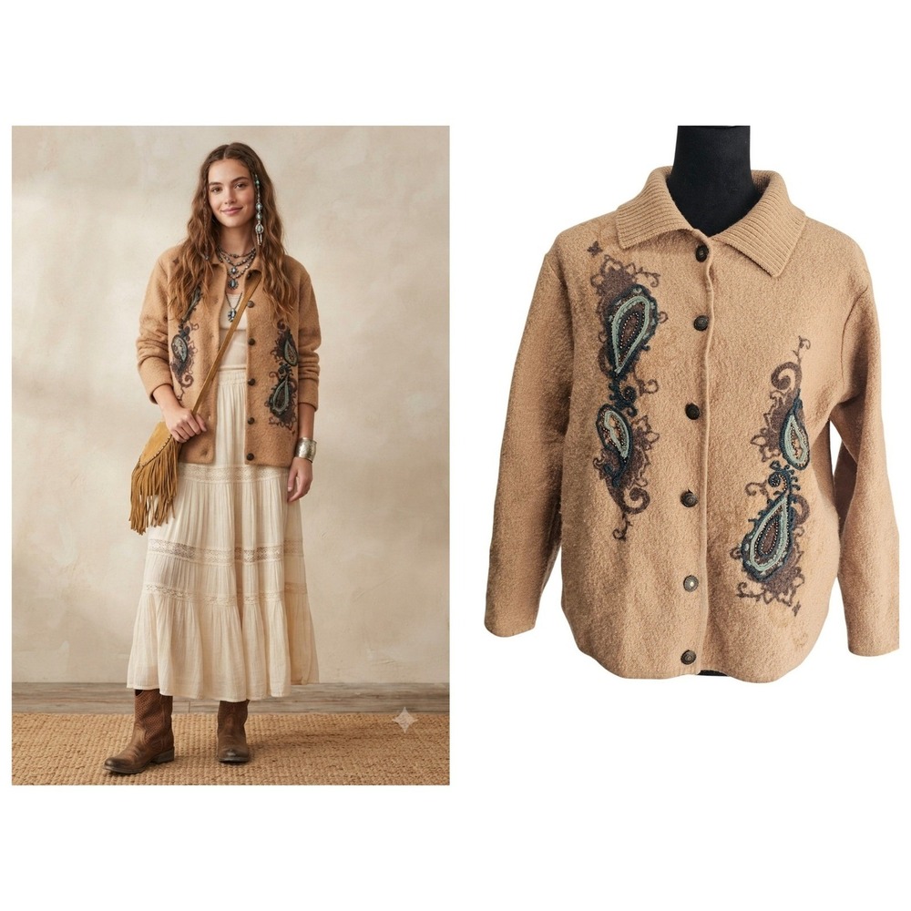 The Vintage Twin Cardigan Jacket Womens Medium Tan Wool Paisley Beaded Boho